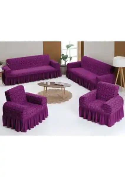 Arlisa 3+3+1+1 Jakarlı Mürdüm Koltuk Örtüsü Takımı Şık ve Kullanışlı Tasarım