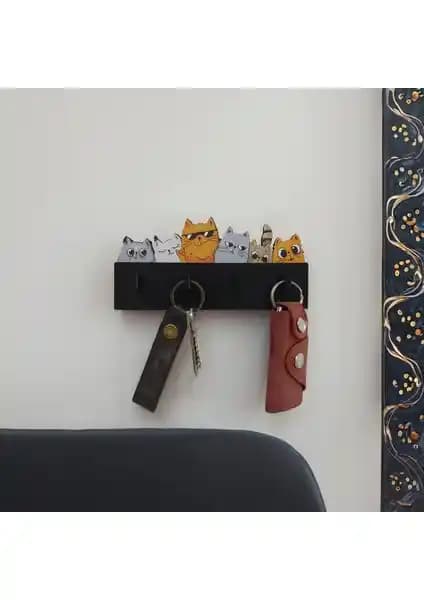 CajuArt Renkli Kedili Duvar Askılığı ve Anahtarlık Modern Ahşap Tasarım