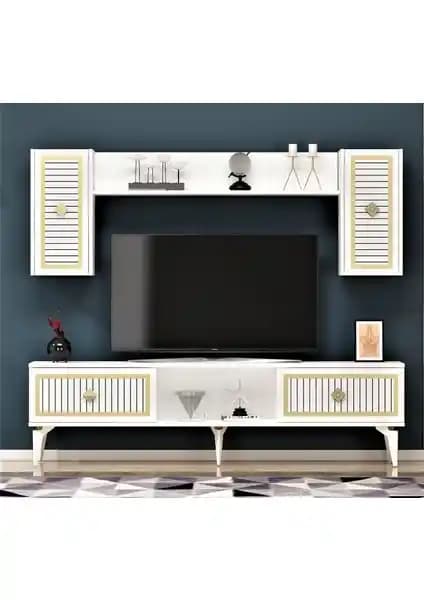 Cantek Dizayn 150 cm Nil TV Ünitesi Beyaz Altın Modern ve Fonksiyonel Tasarım