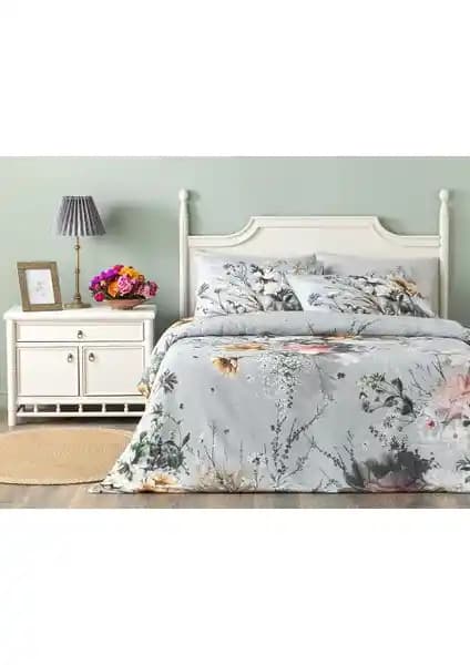 English Home Flower Heaven Çiçek Desenli Gri Mikrofiber Çift Kişilik Nevresim Takımı
